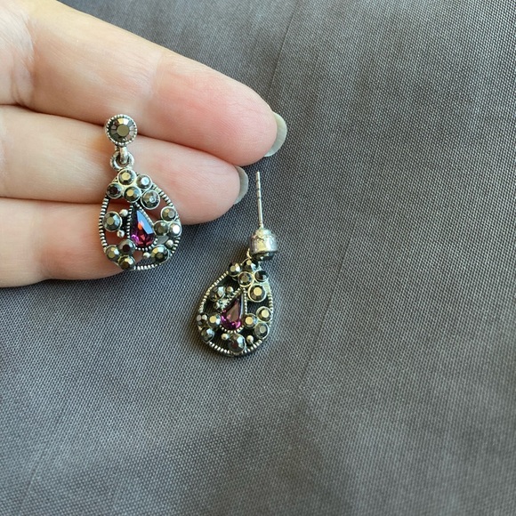 Vintage Dangle Earrings Silver Tone Metal, Amethyst and Marcasite stones - Picture 2 of 8